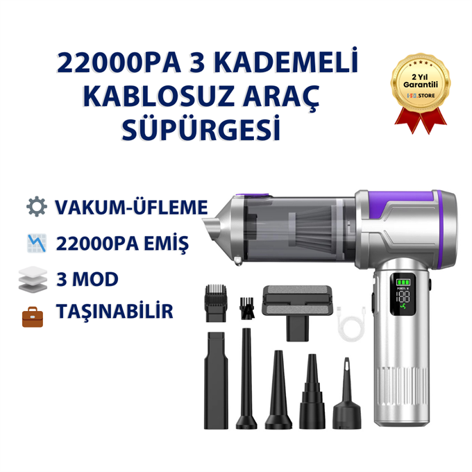  HL-163 22000PA Şarjlı Araç Taşınabilir Süpürgesi - 3 Kademeli Dijital Ekranlı 