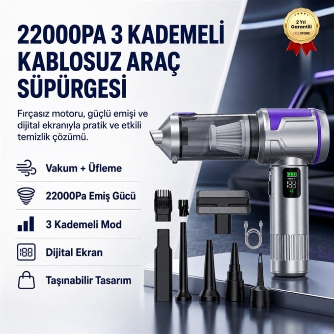  HL-163 22000PA Şarjlı Araç Taşınabilir Süpürgesi - 3 Kademeli Dijital Ekranlı 