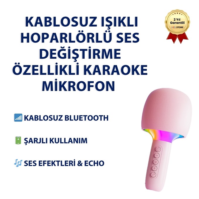  Kablosuz Işıklı  Hoparlörlü Ses Değiştirme Özellikli Karaoke Mikrofon 