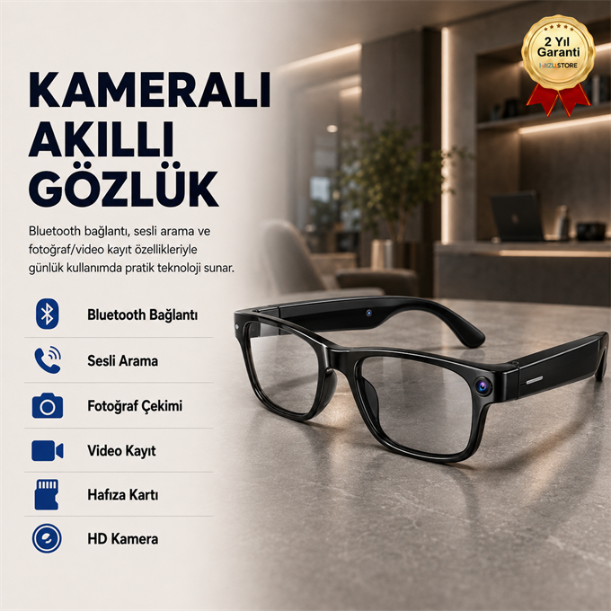  Kameralı Akıllı Gözlük Bluetooth Sesli Arama Fotoğraf ve Video Kayıtlı Hafıza Kartı Destekli