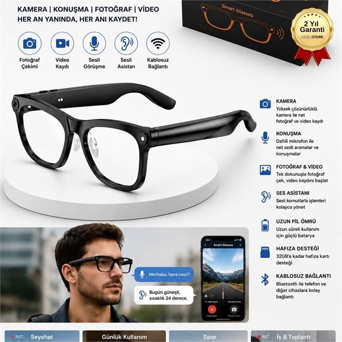  Kameralı Akıllı Gözlük Bluetooth Sesli Arama Fotoğraf ve Video Kayıtlı Hafıza Kartı Destekli