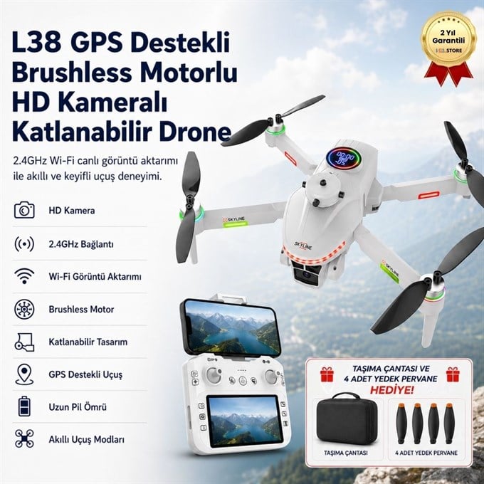  L38 GPS Destekli Brushless Motorlu HD Kameralı Katlanabilir Drone 2.4GHz Wi-Fi Canlı Görüntü Aktarımlı
