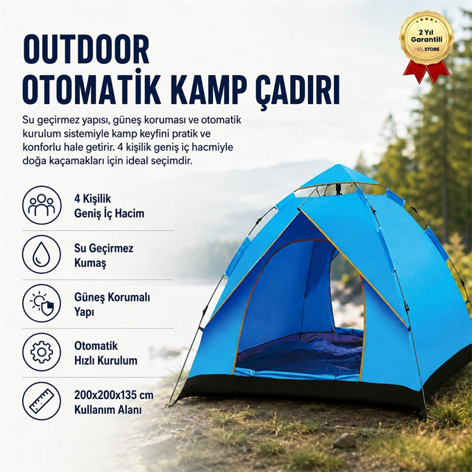  Outdoor Otomatik Kamp Çadırı 200x200x135 cm Su Geçirmez Güneş Korumalı Kolay Kurulum 4 Kişilik