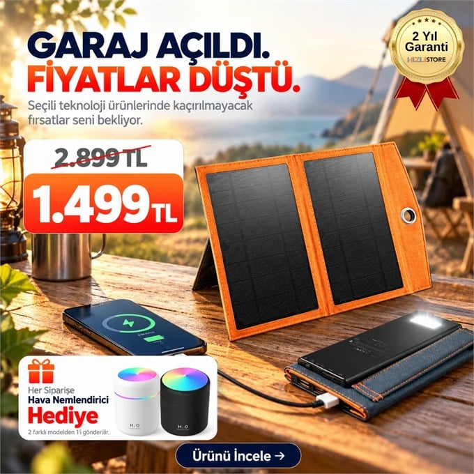  OUTLET/TEŞHİR 10,000mAh Solar Güneş Enerjili 2 Panelli 1 Type-C - 2 USB Çıkışlı 20W Hızlı Şarjlı Powerbank  