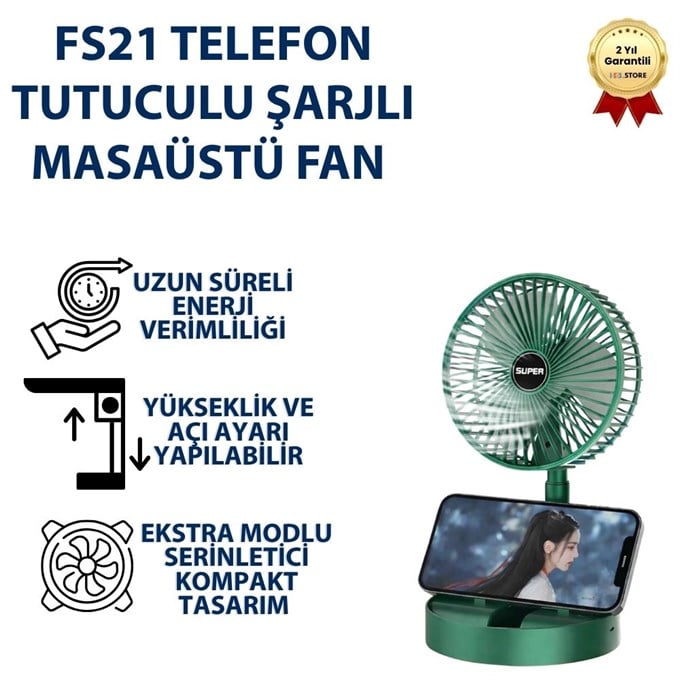  Şarjlı Masaüstü Fan,Telefon Tutuculu, Mini Vantilatör USB Taşınabilir Sessiz Serinletici