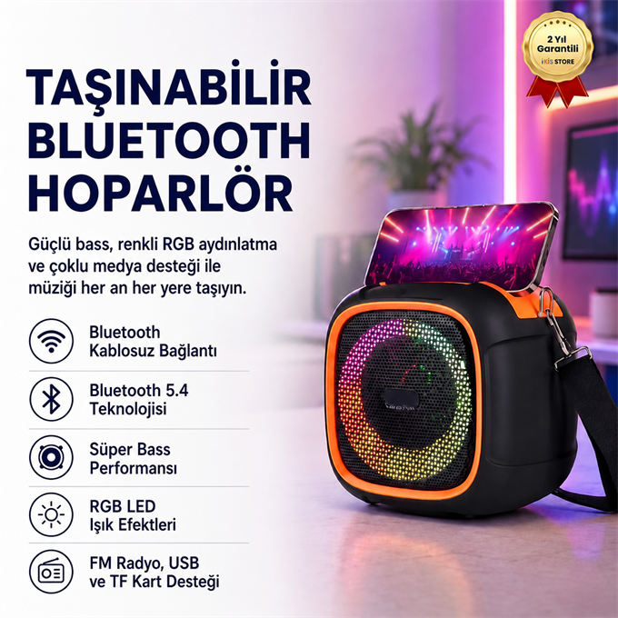 Taşınabilir Bluetooth Hoparlör | Süper Bass, RGB Işık, Hi-Fi Stereo, FM Radyo, USB & TF Kart Destekli