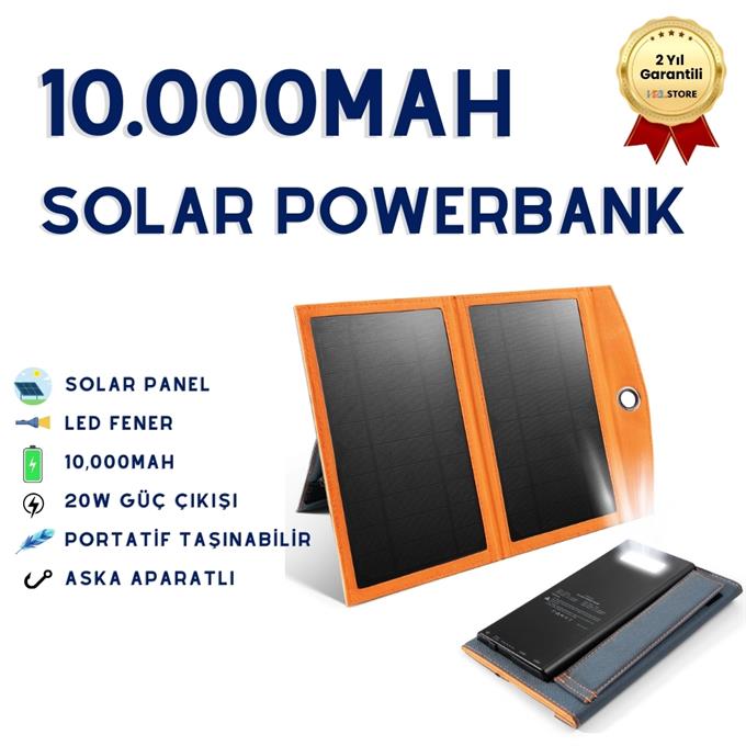 10,000mAh Solar Güneş Enerjili 2 Panelli 1 Type-C - 2 USB Çıkışlı 20W Hızlı Şarjlı Powerbank 