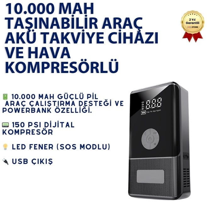 10.000 mAh Araç Akü Takviye Cihazı & Kompresör 150 PSI Dijital Ekran Jump Starter Powerbank LED Fener 