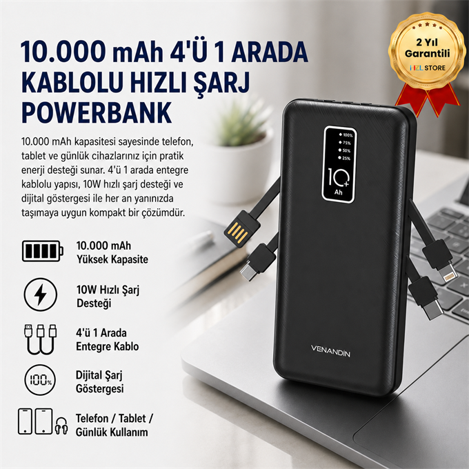 10.000 mAh Powerbank ,10W Hızlı Şarj Destekli, 4ü 1 Arada Entegre Kablolu Taşınabilir Şarj Cihazı