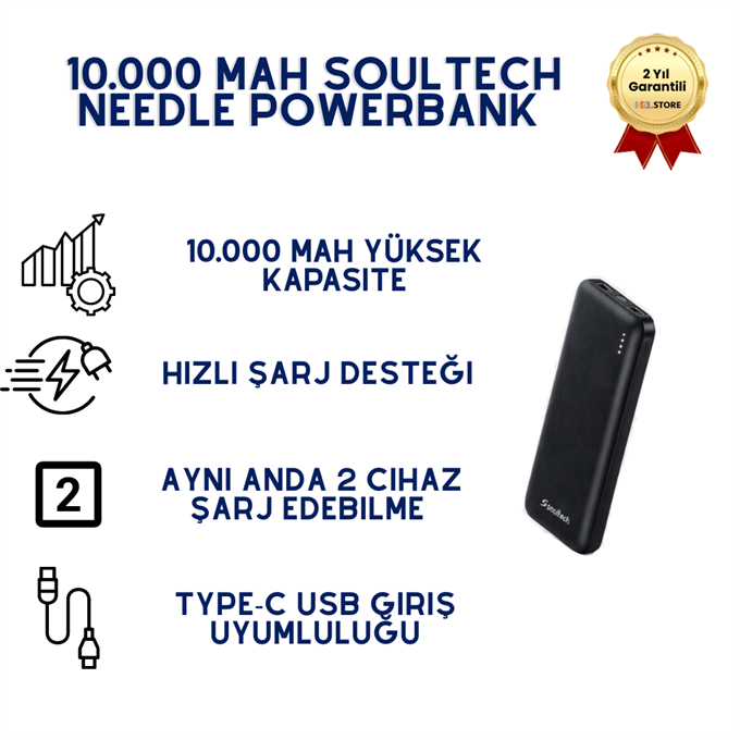 10.000 mAH Hızlı Şarj Destekli Type-C Girişli Taşınılabilir Powerbank 