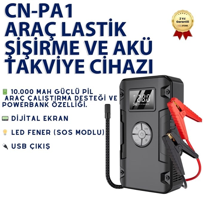 10.000 mAh Araç Lastik Şişirme Kompresörü & Akü Takviye Cihazı Jump Starter 150 PSI Dijital Ekran Powerbank 