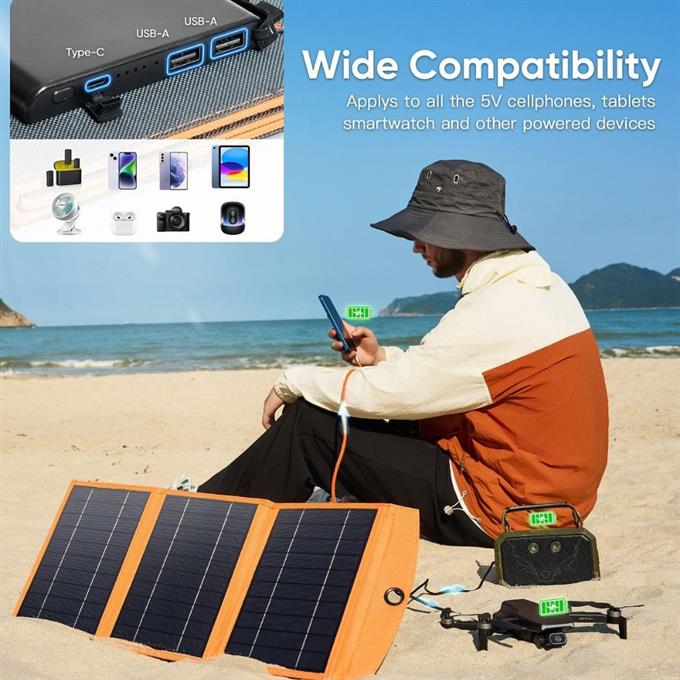 10,000mAh Solar Güneş Enerjili 3 Panelli 1 Type-C - 2 USB Çıkışlı 20W Hızlı Şarjlı Powerbank  