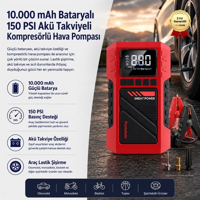 10.000 mAh Bataryalı 150 PSI Akü Takviyeli Kompresörlü Hava Pompası