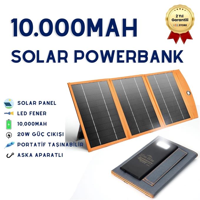 10,000mAh Solar Güneş Enerjili 3 Panelli 1 Type-C - 2 USB Çıkışlı 20W Hızlı Şarjlı Powerbank  