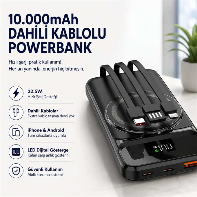 10.000mAh Manyetik Dahili Kablolu Powerbank Hızlı Şarjlı Dijital Göstergeli Taşınabilir Şarj Cihazı