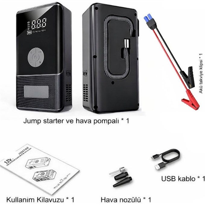 10.000 mAh Araç Akü Takviye Cihazı & Kompresör 150 PSI Dijital Ekran Jump Starter Powerbank LED Fener