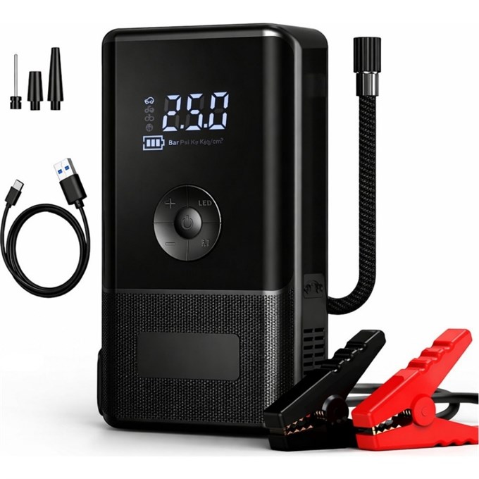 10.000 mAh Araç Akü Takviye Cihazı & Kompresör 150 PSI Dijital Ekran Jump Starter Powerbank LED Fener