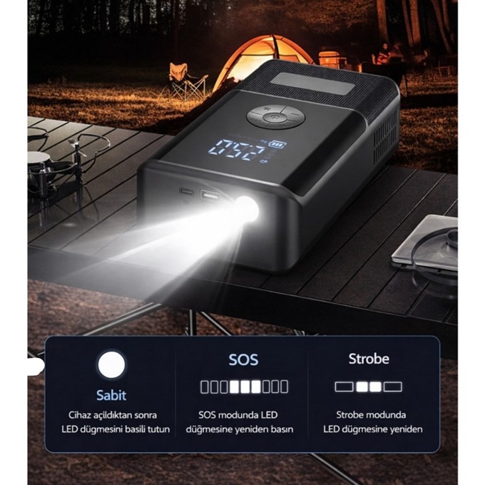 10.000 mAh Araç Akü Takviye Cihazı & Kompresör 150 PSI Dijital Ekran Jump Starter Powerbank LED Fener