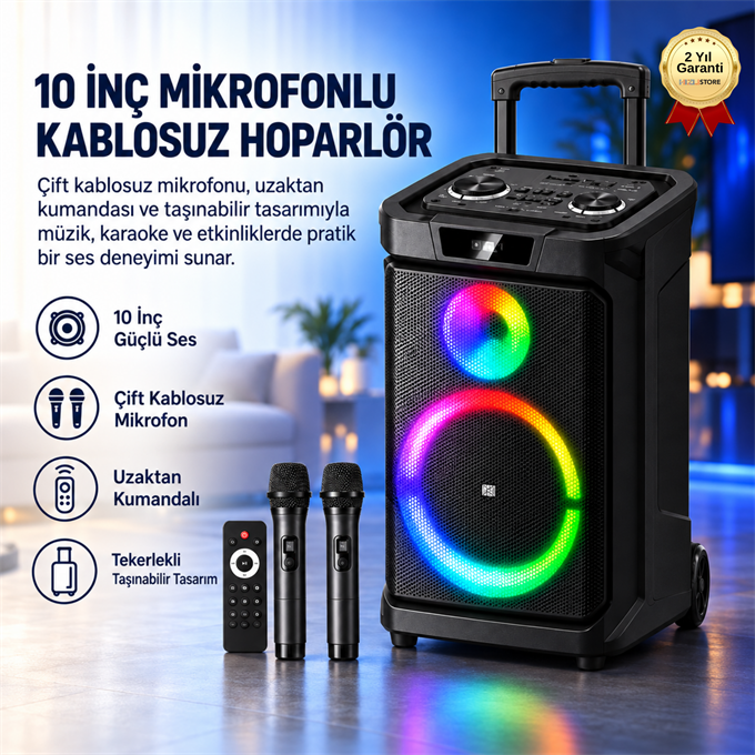 10 İnç Mikrofonlu Kablosuz Hoparlör Kumandalı Taşınabilir Ses Sistemi