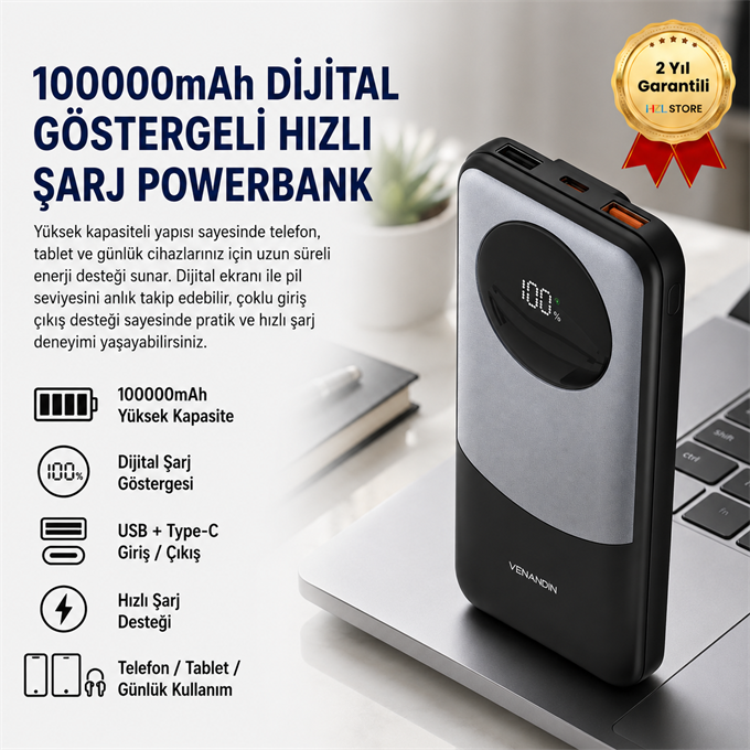 10.000 mAh Powerbank 22.5W Hızlı Şarjlı Dijital Göstergeli Taşınabilir Şarj Cihazı