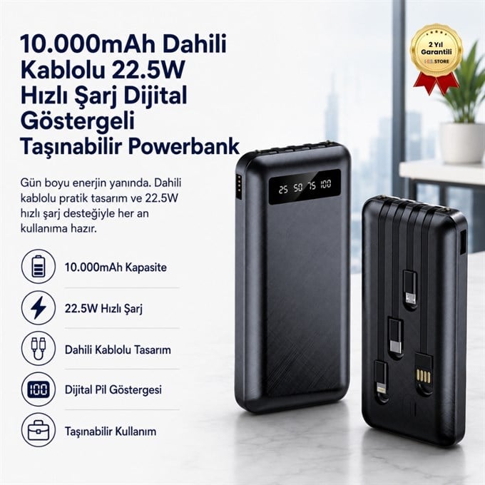 10.000mAh Dahili Kablolu Powerbank 22.5W Hızlı Şarj iPhone Android Uyumlu Dijital Göstergeli Taşınabilir Şarj Cihazı