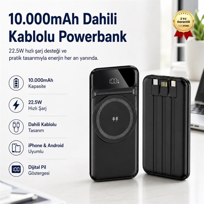 10.000mAh Dahili Kablolu Powerbank 22.5W Hızlı Şarj iPhone Android Uyumlu Dijital Göstergeli Taşınabilir Şarj Cihazı 