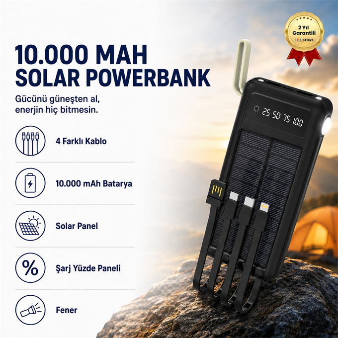 10.000mAh Dijital Göstergeli Taşınabilir 22.5W Hızlı Şarjlı Dahili Kablolu Solar Panelli Powerbank Kamp Uyumlu Asma Aparatlı Powerbank