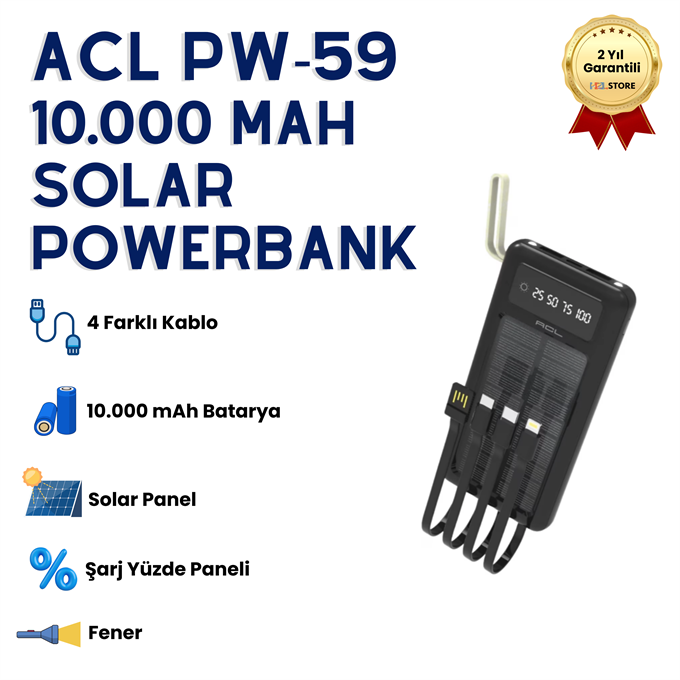 10.000mAh Dijital Göstergeli Taşınabilir 22.5W Hızlı Şarjlı Dahili Kablolu Solar Panelli Powerbank Kamp Uyumlu Asma Aparatlı Powerbank