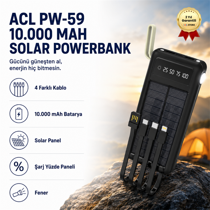 10.000mAh Dijital Göstergeli Taşınabilir 22.5W Hızlı Şarjlı Dahili Kablolu Solar Panelli Powerbank Kamp Uyumlu Asma Aparatlı Powerbank