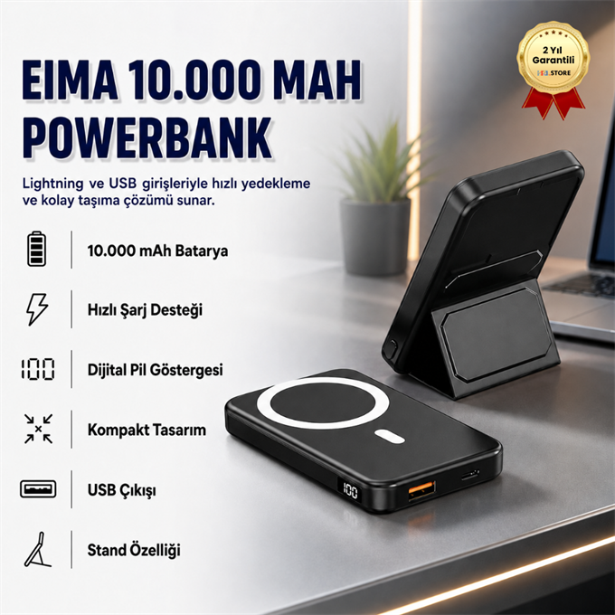 10.000mAh Dijital Göstergeli Taşınabilir 22.5W Hızlı Şarjlı Telefon Standlı Powerbank 200g Hafiflikte Ofis, Seyahatte, Alışverişte Kullanıma Uygun Şık Magsafe Powerbank