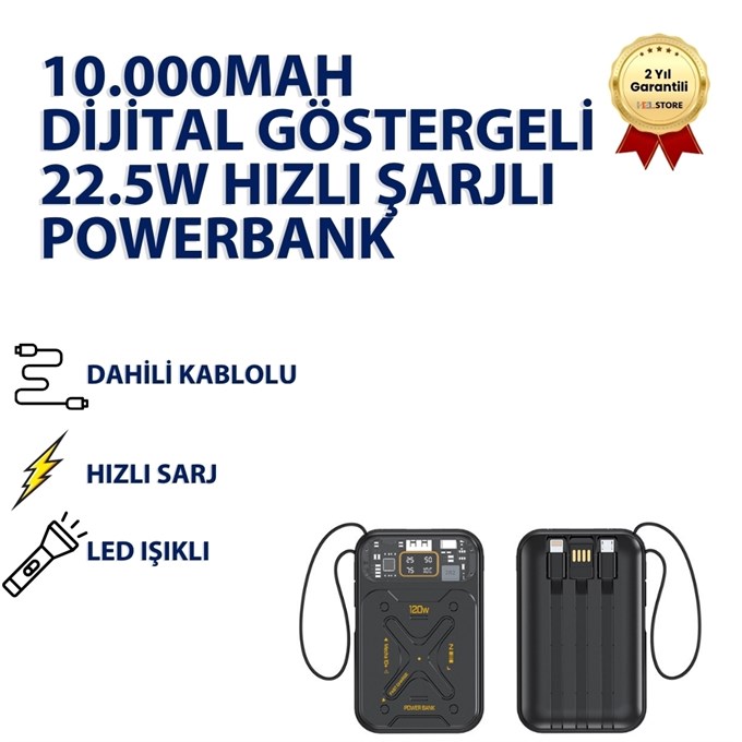 10.000mAh Dijital Göstergeli Taşınabilir 22.5W Hızlı Şarjlı Dahili Kablolu  Powerbank
