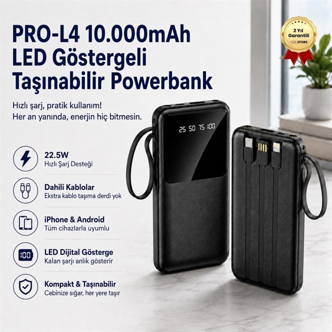 10.000mAh LED Ekranlı Dahili Kablo Powerbank 22.5W Hızlı Şarjlı Ultra İnce Tasarım Taşınabilir Powerbank
