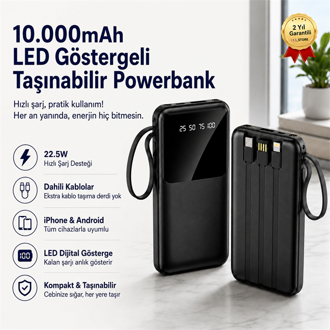 10.000mAh LED Ekranlı Dahili Kablo Powerbank 22.5W Hızlı Şarjlı Ultra İnce Tasarım Taşınabilir Powerbank