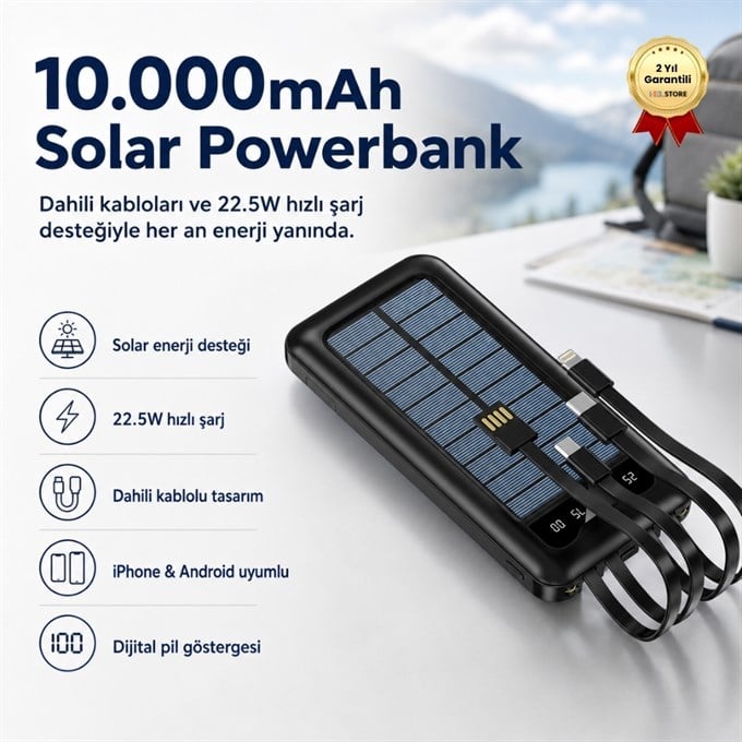 10.000mAh Solar Powerbank Dahili Kablolu 22.5W Hızlı Şarj iPhone Android Uyumlu Taşınabilir Şarj Cihazı
