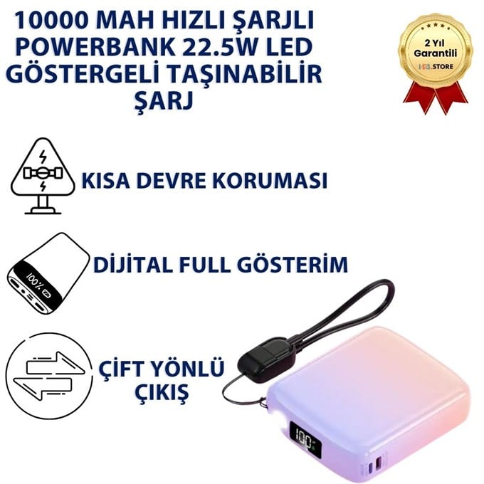 10000 mAh Hızlı Şarjlı Powerbank 22.5W LED Göstergeli Taşınabilir Şarj