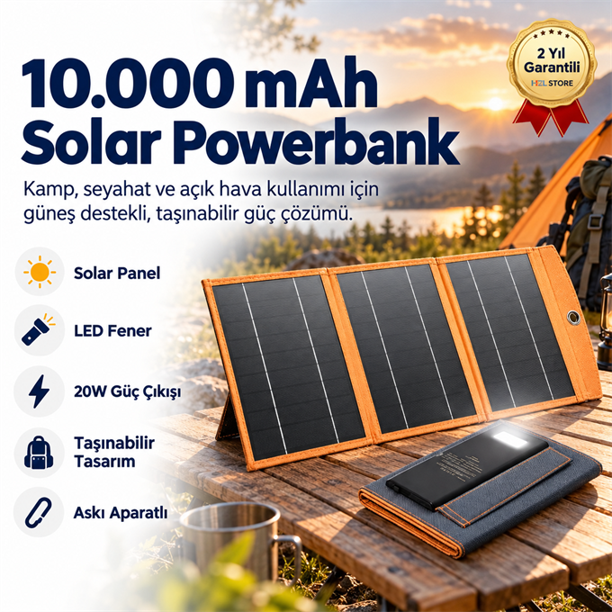 10,000mAh Solar Güneş Enerjili 3 Panelli 1 Type-C - 2 USB Çıkışlı 20W Hızlı Şarjlı Powerbank  