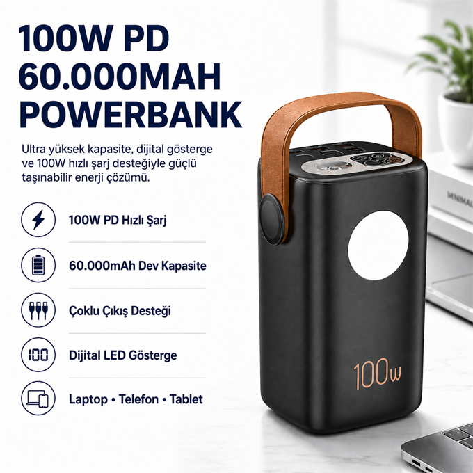 100W PD 60000mAh   Ultra Yüksek Kapasiteli Çoklu Çıkışlı Dijital Göstergeli Hızlı Şarj Powerbank