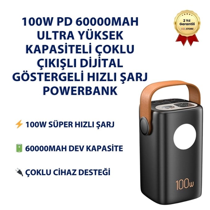 100W PD 60000mAh   Ultra Yüksek Kapasiteli Çoklu Çıkışlı Dijital Göstergeli Hızlı Şarj Powerbank 