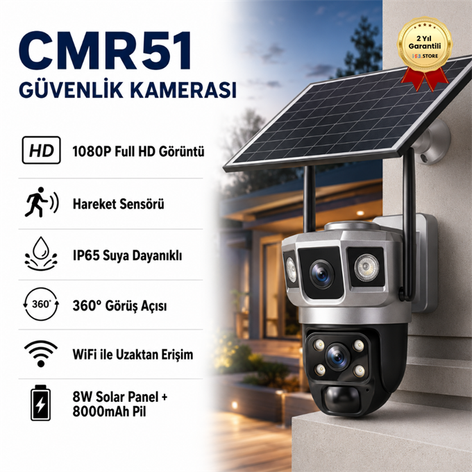 1080P 360 Derece Hareketli Güvenlik Kamera Sensörlü Dış Mekan Kullanımına ve Suya Dayanıklı Solar Panelli Güneş Enerjili IP Kamera