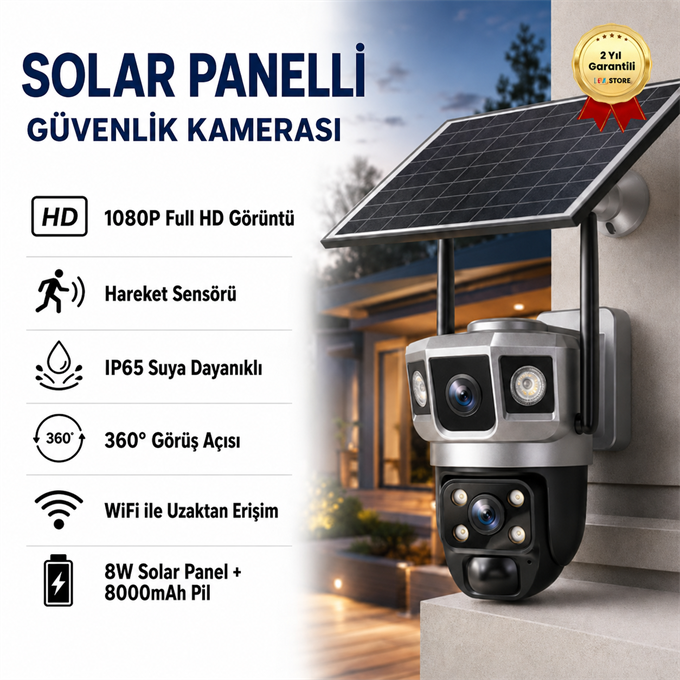 1080P 360 Derece Hareketli Güvenlik Kamera Sensörlü Dış Mekan Kullanımına ve Suya Dayanıklı Solar Panelli Güneş Enerjili IP Kamera