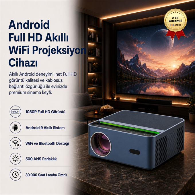 1080P HD Android Sistemli Wifi Bluetooth 150 inch Hoparlörlü HDMI 500 ANS Akıllı Projeksiyon Cihazı