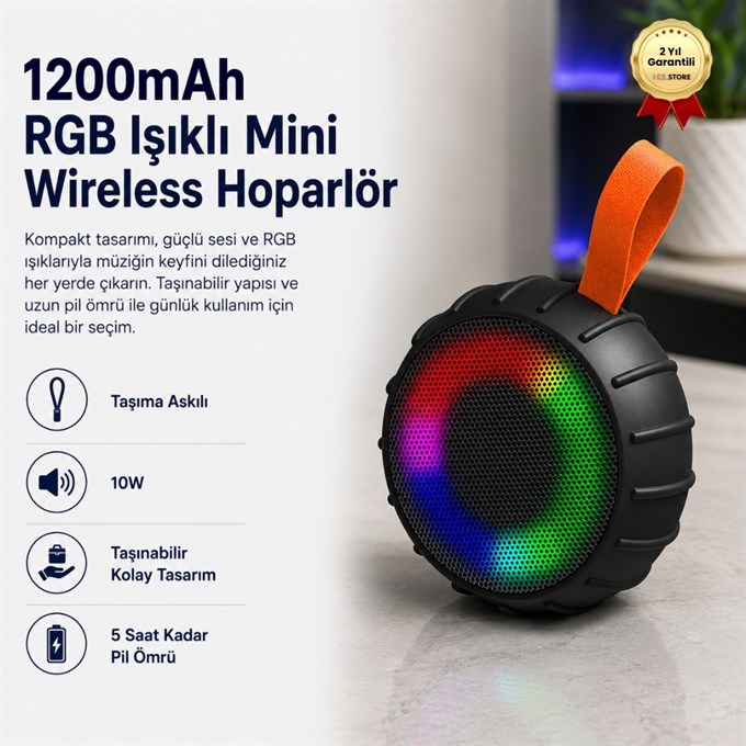 1200 mAh RGB Işıklı 10W Mini Wireless Bluetooth Hoparlör Taşıma Askılı Taşınabilir Speaker