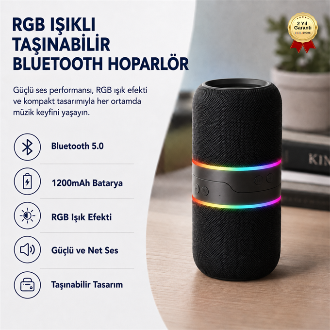 1200mAh Bataryalı RGB Işıklı Bluetooth 5.0 TWS Taşınabilir Kablosuz Hoparlör