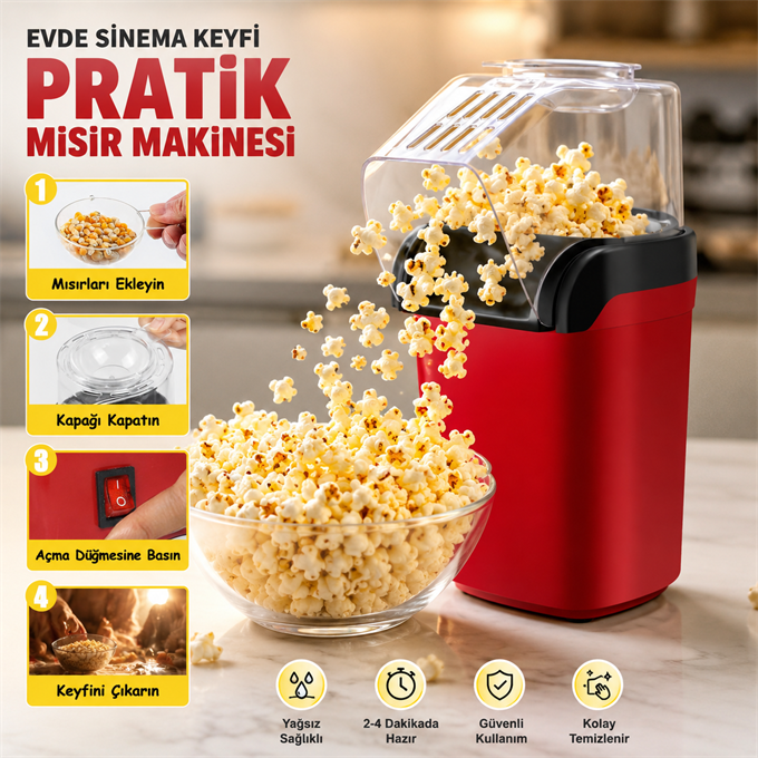 1200W Yağsız Popcorn Makinesi Ölçü Kaplı Ev Tipi Patlamış Mısır Makinesi