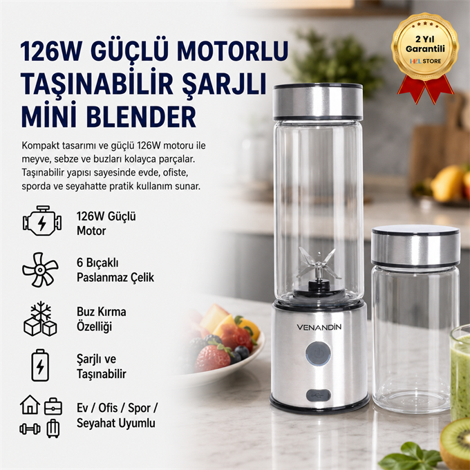 126W Güçlü Motorlu Taşınabilir Şarjlı Mini Blender 6 Bıçaklı Paslanmaz Çelik Buz Kırmalı Blender