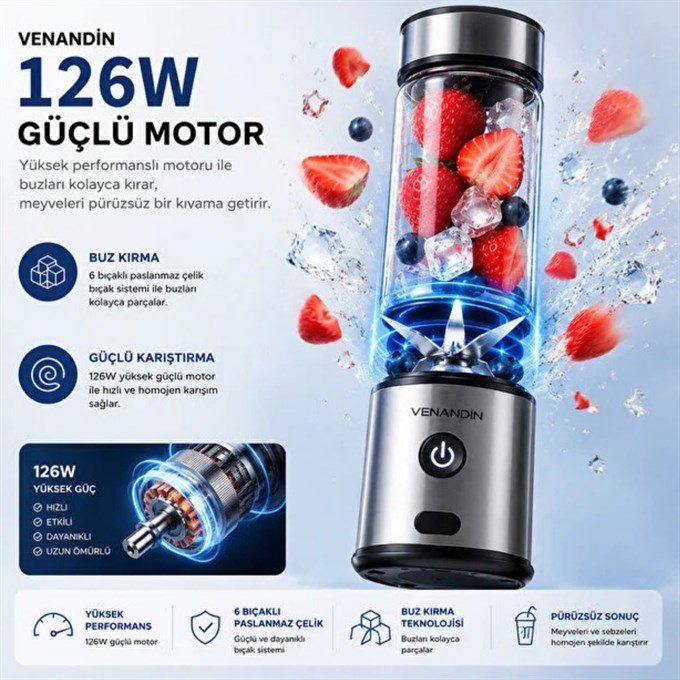 126W Güçlü Motorlu Taşınabilir Şarjlı Mini Blender 6 Bıçaklı Paslanmaz Çelik Buz Kırmalı Blender
