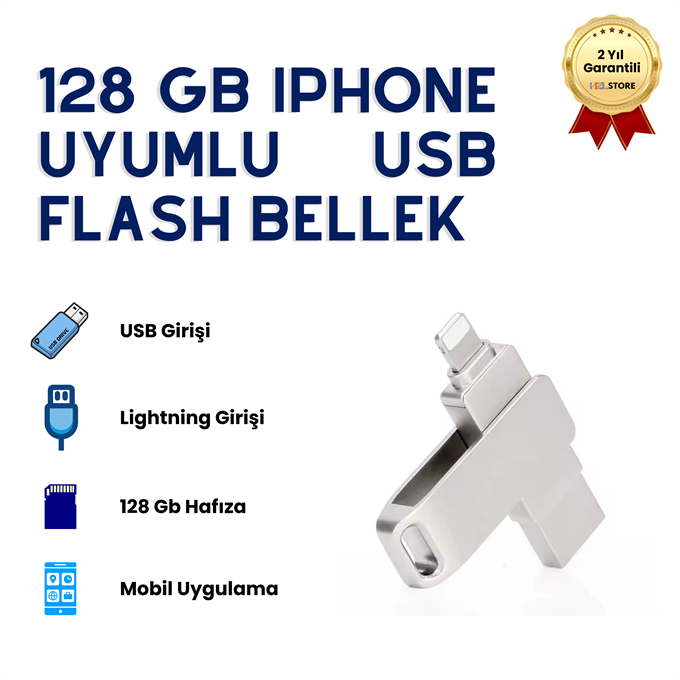 128GB iPhone Uyumlu USB Flash Bellek OTG Lightning ve USB Girişli Yedekleme ve Taşıma