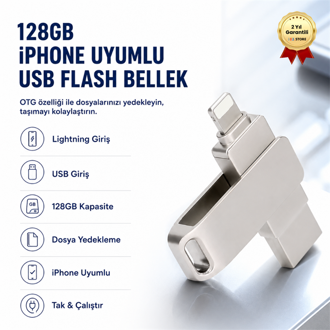 128GB iPhone Uyumlu USB Flash Bellek OTG Lightning ve USB Girişli Yedekleme ve Taşıma
