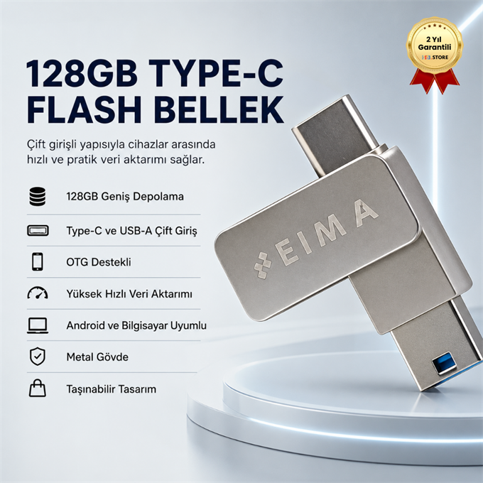 128GB Type-C USB Flash Bellek Çift Girişli OTG Destekli Yüksek Hızlı Taşınabilir Depolama