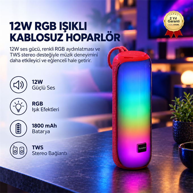 12W RGB Işıklı Kablosuz Hoparlör 1800 mAh TWS Stereo